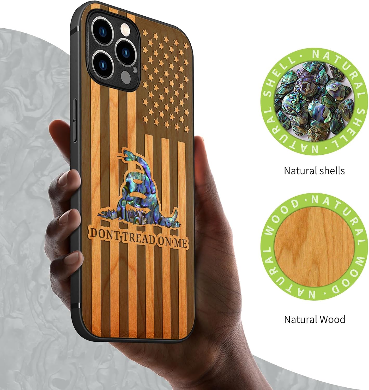 Carveit Designer Wooden Protective Case for iPhone 12 Pro Max Magnetic Cover [Wood Engraving & Shell Inlay] Compatible with 12 Pro Max MagSafe (Gadsden Flag-Cherry)