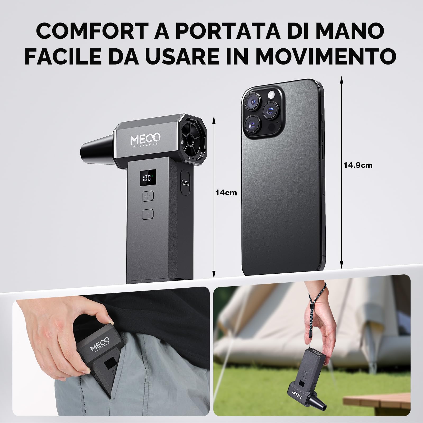 MECO ELEVERDE Soffiatore a Batteria Potente, Aria Compressa Elettrico 220.000 RPM, 100 Velocità, Schermo LED, 8000 mAh, Mini Soffiatore Portatile Air Blower Duster per Pulizia PC, Auto, Tastiera