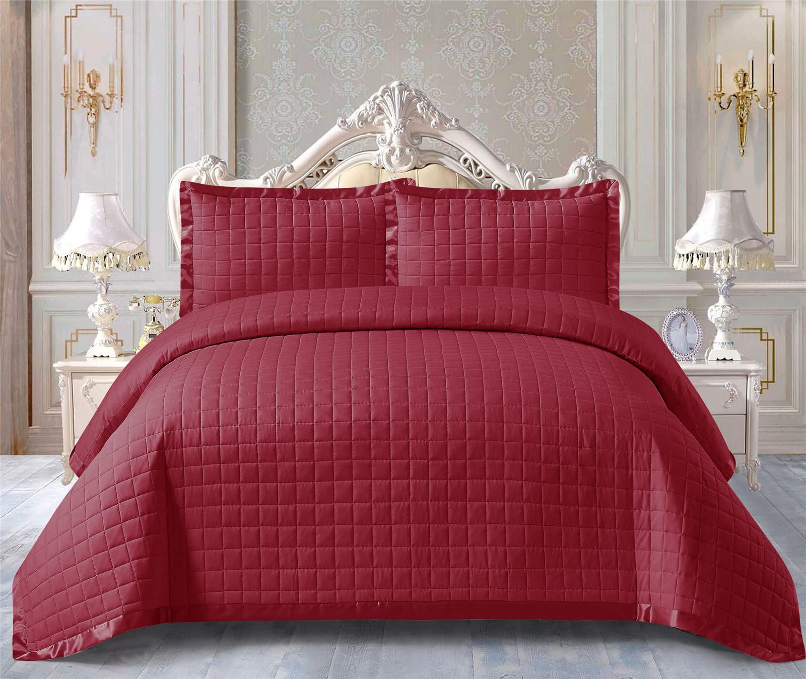 PRIME LINENS Quilted Bedspread Bed Throw 2 Piece Bedding Set Includes Comforter and 2 Pillow Cases Bedroom Décor Embossed Quilt Bedding Set Osca (Burgundy, Single)