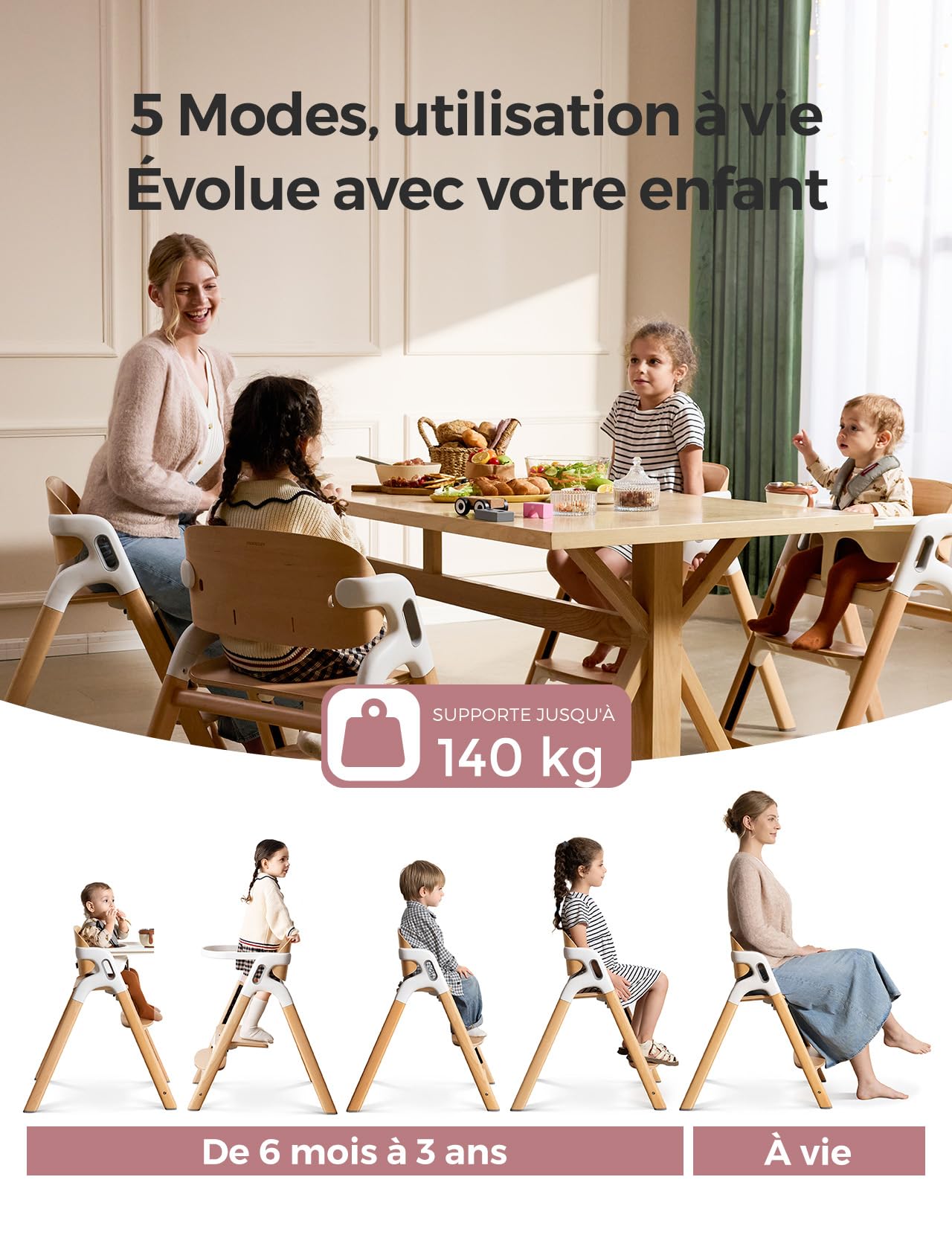 Momcozy Chaise Haute Bébé, Bois Naturel, Réglable, Convertible, Plateau | Lavable, Ergonomique, Lave-Vaisselle, Qualité Alimentaire, Repas, Sécurité, Voyage, Cadeau