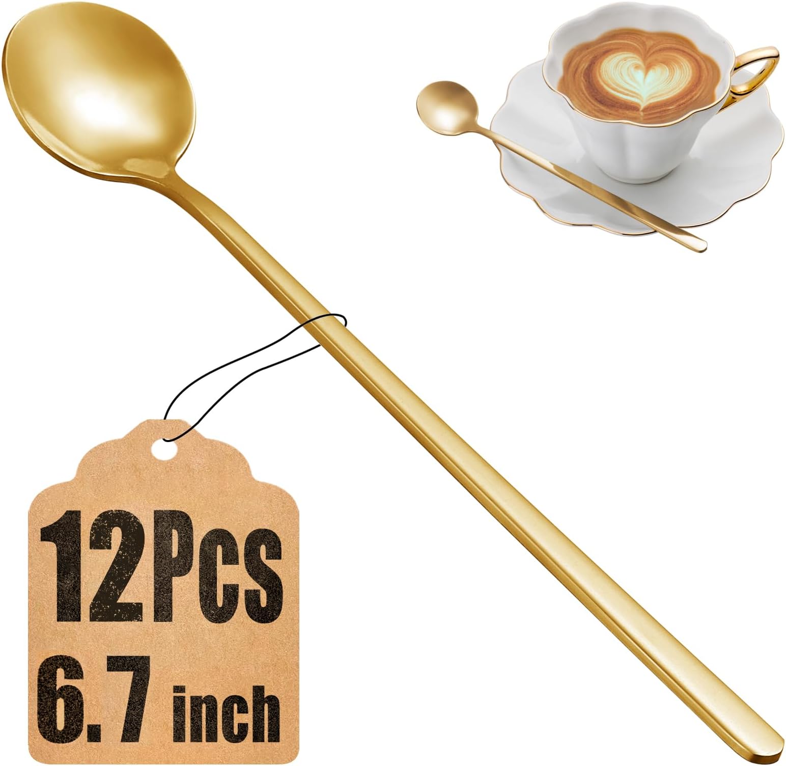 12 Pcs Coffee Spoons Set, 6.7" Gold Tea Spoons Long Handle