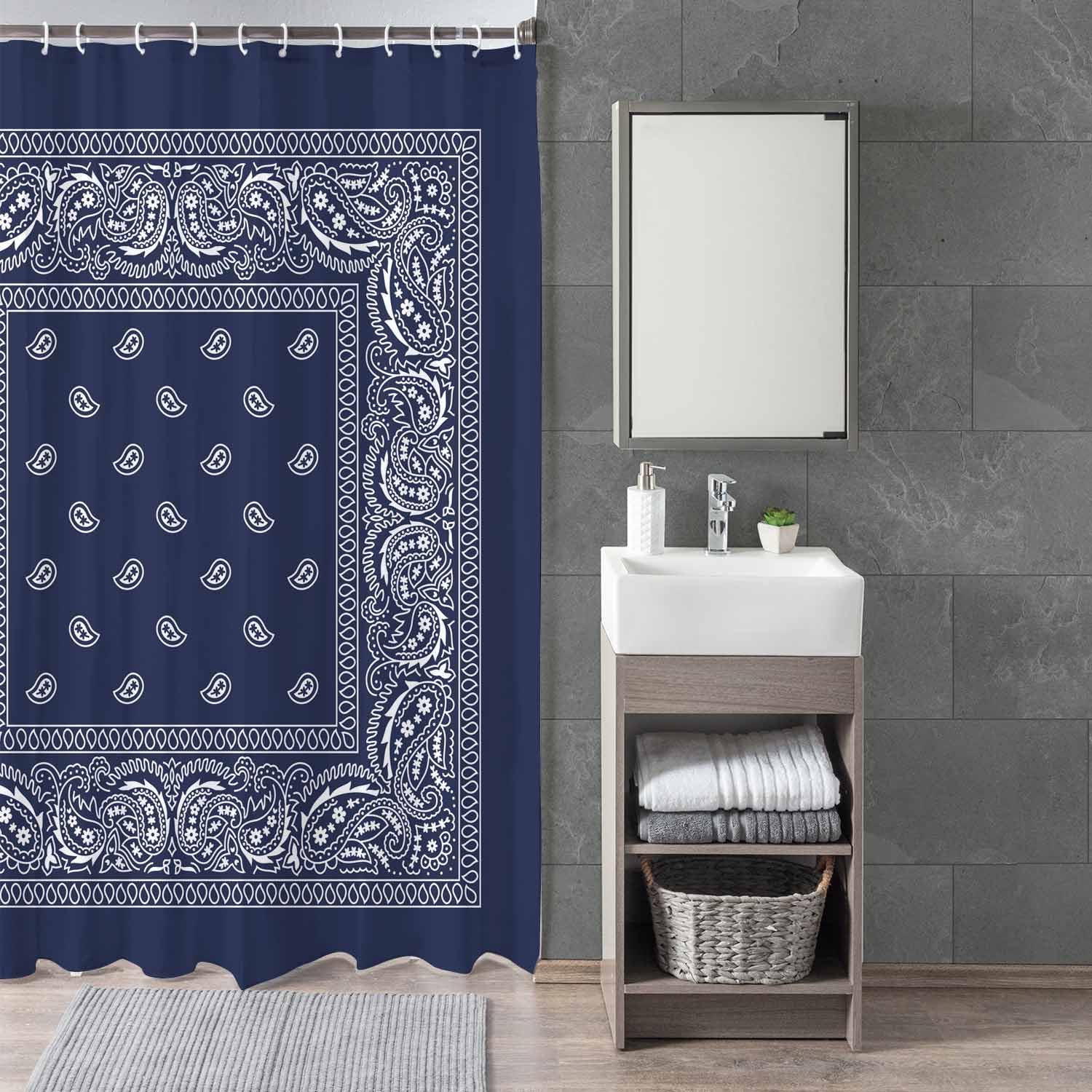 Woutay Shower Curtain Mould Proof Resistant Blue Traditional Floral Pattern,Water Repellant Fabric,Polyester,with 12 Plastic Hooks - Image 3
