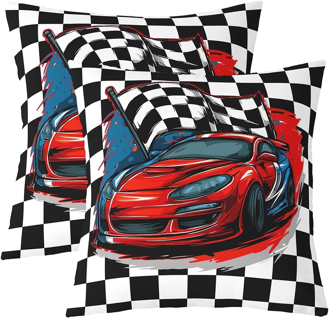 Racing Car Pillow Covers Cool, Speed Race Car Cushion Covers For Kids Boys Teens Sofa, White Black Buffalo Grid Throw Pillow Covers, Automobile Extreme Sport Decorative Pillow Covers 22x22 Set of 2