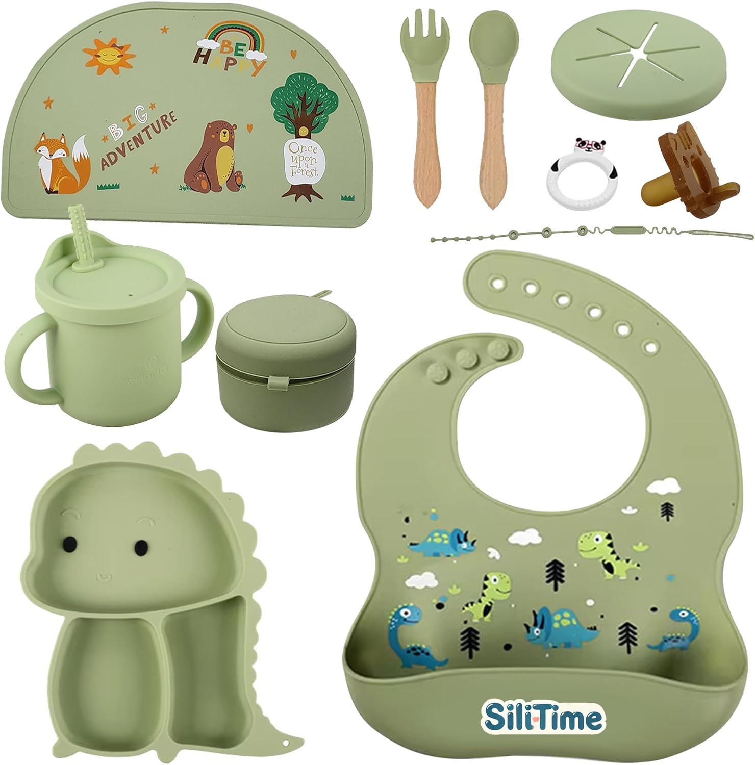 SiliTime Dinosaur-Themed Silicone Baby Feeding Set  Suction Mat with Food Catcher & Pacifier  8-Piece BPA-Free Toddler Mealtime Essentials for Baby-Led Weaning