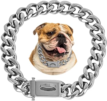 BAOBOTE 20MM Silver Dog Chain,Cuban Link Dog Collar with Design Secure Buckle,Cuban Link Strong Heavy Duty Chew Proof for Medium Dogs24" Silver