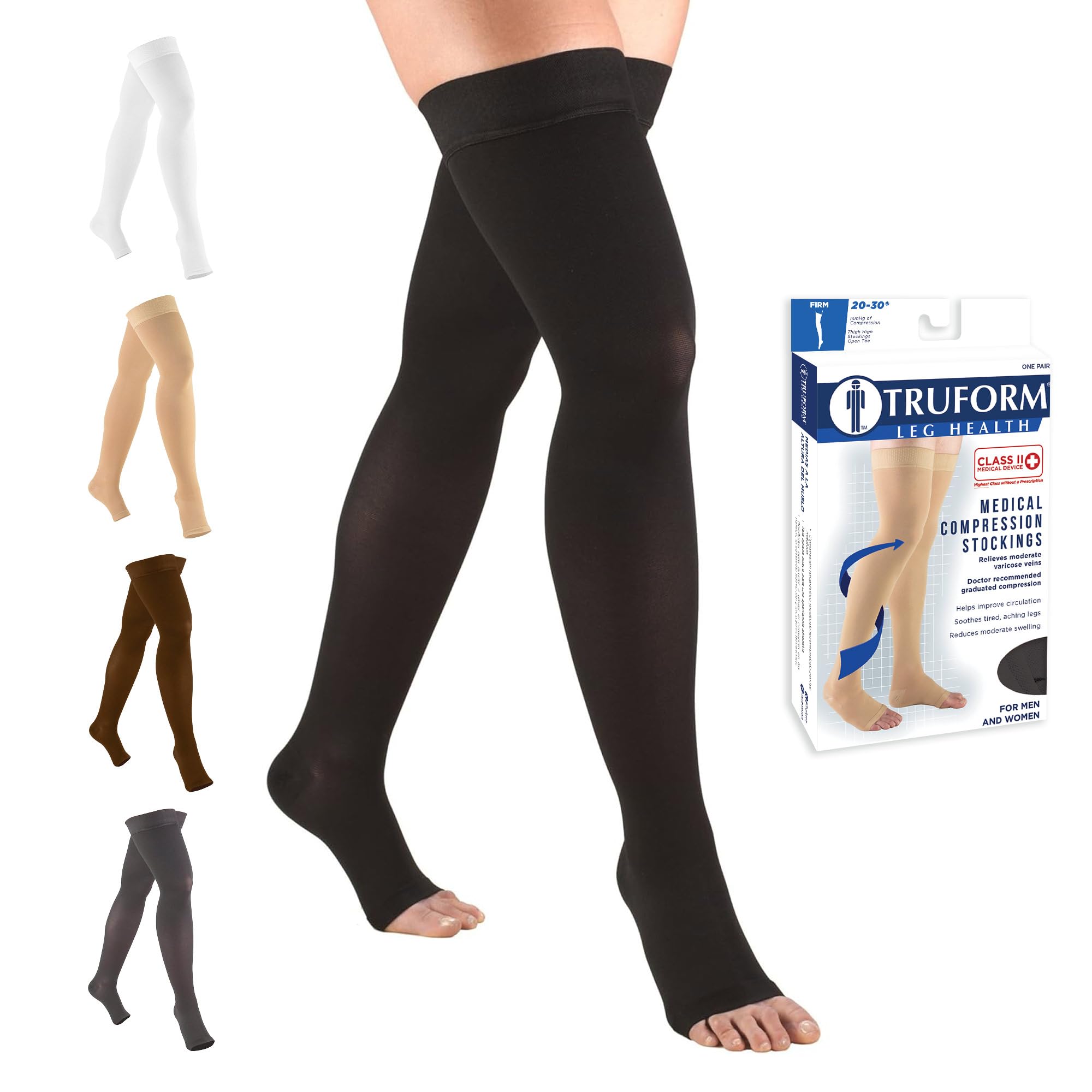 Photo 1 of Truform 20-30 mmHg Compression Stockings for Men and Women, Thigh High Length, Dot-Top, Open Toe, Black, X-Large