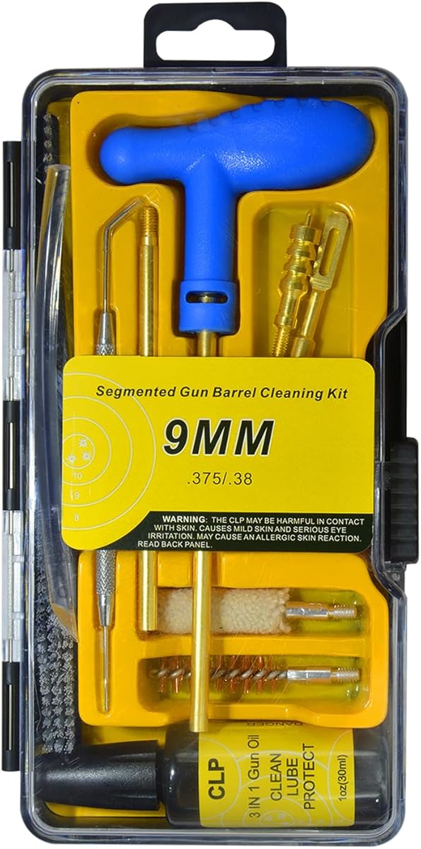 Gun Cleaning Kit for 9mm, .38, .357 Caliber Pistols - Bore Cleaning Set with Compact Case Includes Brass Brush, Cotton Mop, CLP Oil, Cleaning Patches & Rods