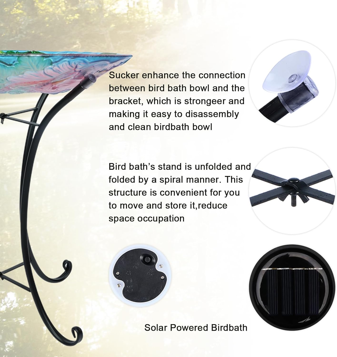 MUMTOP Outdoor Bird Bath, Large Glass Bird Baths Bowl with Metal Stand, Solar Hummingbirds Birdbaths for Outside Garden Lawn Yard Decor, 18”Dia 21.65”Height