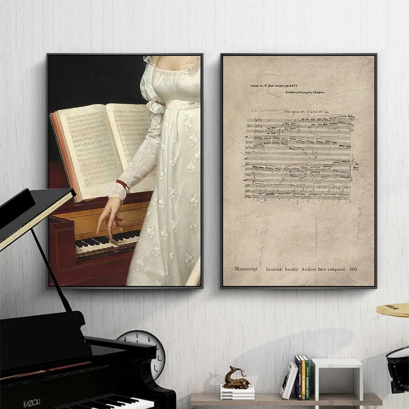 KEMEIQI Dipinto su tela per pianoforte classico, spartiti per pianoforte, poster e stampe, artiste nella storia, arte murale, decorazione per soggiorno, 80x160cmx2 senza cornice