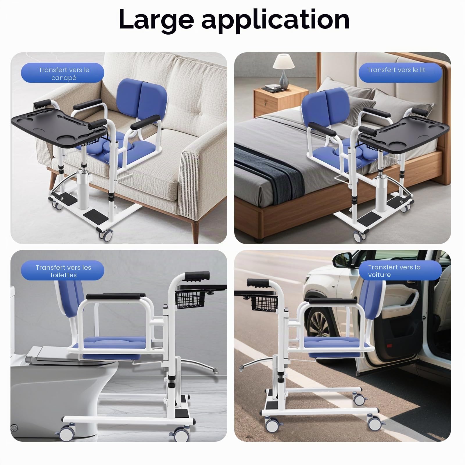 Chaise de transfert hydraulique pour patients - Hauteur réglable - Avec roulettes et siège divisé - Charge maximale : 150 kg - Pour l'intérieur et l'extérieur