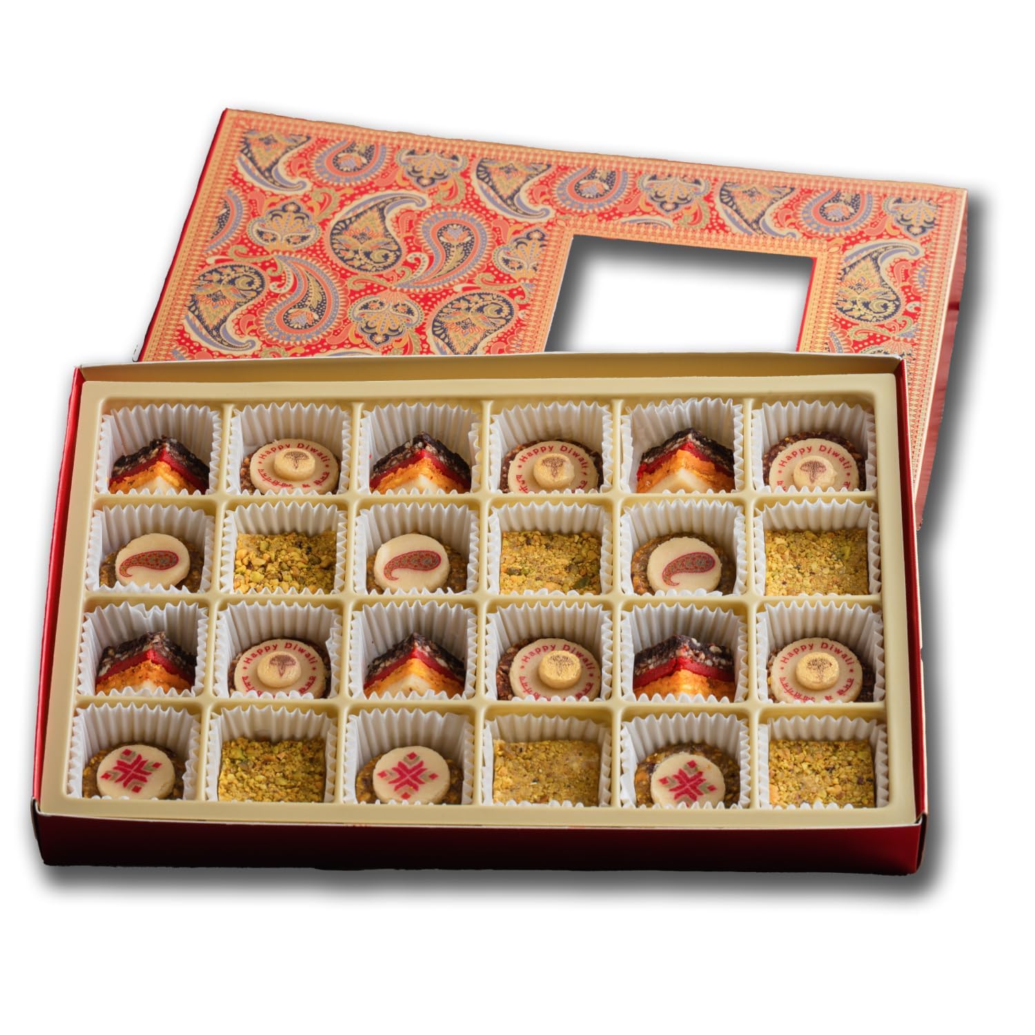 Diwali Collection Rectangle Gift Box (24 Pieces) Laumiere Gourmet Fruits - Indian Mithai Variety Pack with Assorted Dried Fruit & Nut Mithai Sweets - Healthy Vegan Snacks for Adults