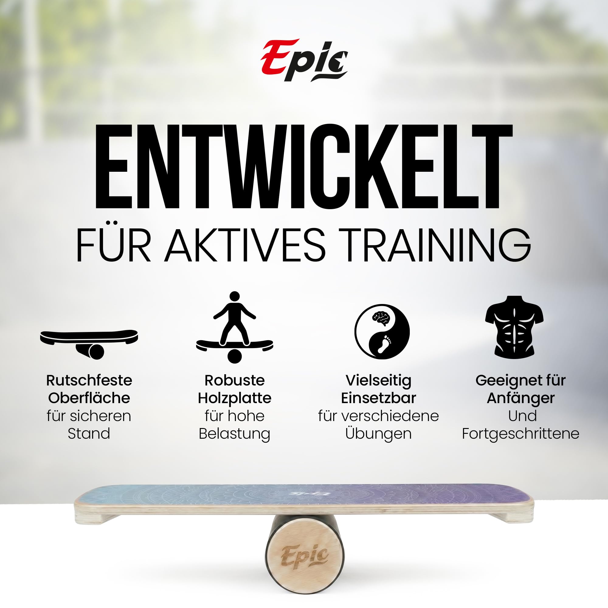 Balance Board mit Rolle – Balance-Trainer aus Holz für Fitness, Tennis, Leichtathletik sowie Surf- & Snowboard-Training; ideal für alle ab 9 Jahren, belastbar bis 150 kg.