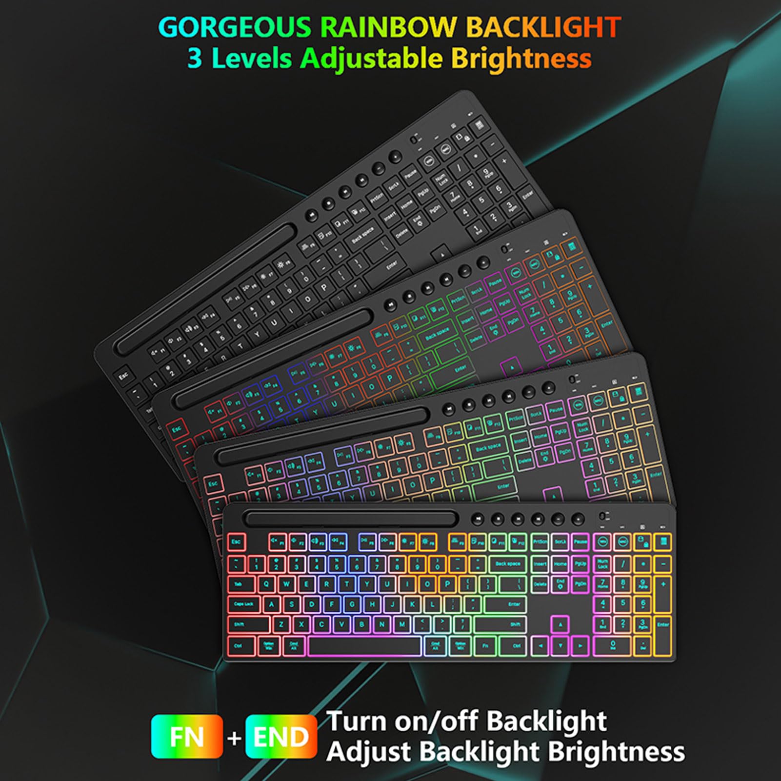 Tosuny Tastiera Wireless e Combo del Mouse, 2,4 G di Tasti Retroilluminati RGB 115 con Tampone Numerica, con Supporto per Tablet di Telefono, Ricaricabile, 6 Tasti 3 - Mouse DPI per PC