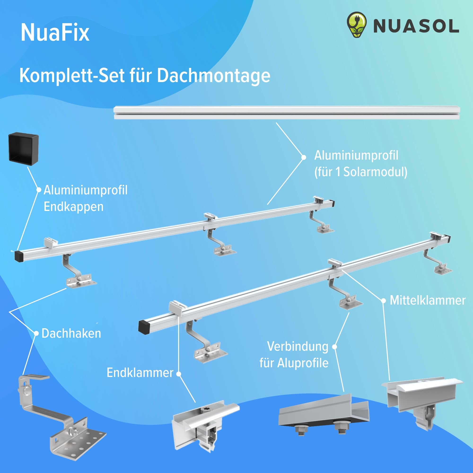 PV Halterung Ziegeldach Set 2 Module – Solarmodul & Solarpanel Halterung | Balkonkraftwerk Dachmontage | Dachhaken inkl. Aluprofil, Schienen, 35mm Endklammern | bis 115/230 cm Breite | Silber
