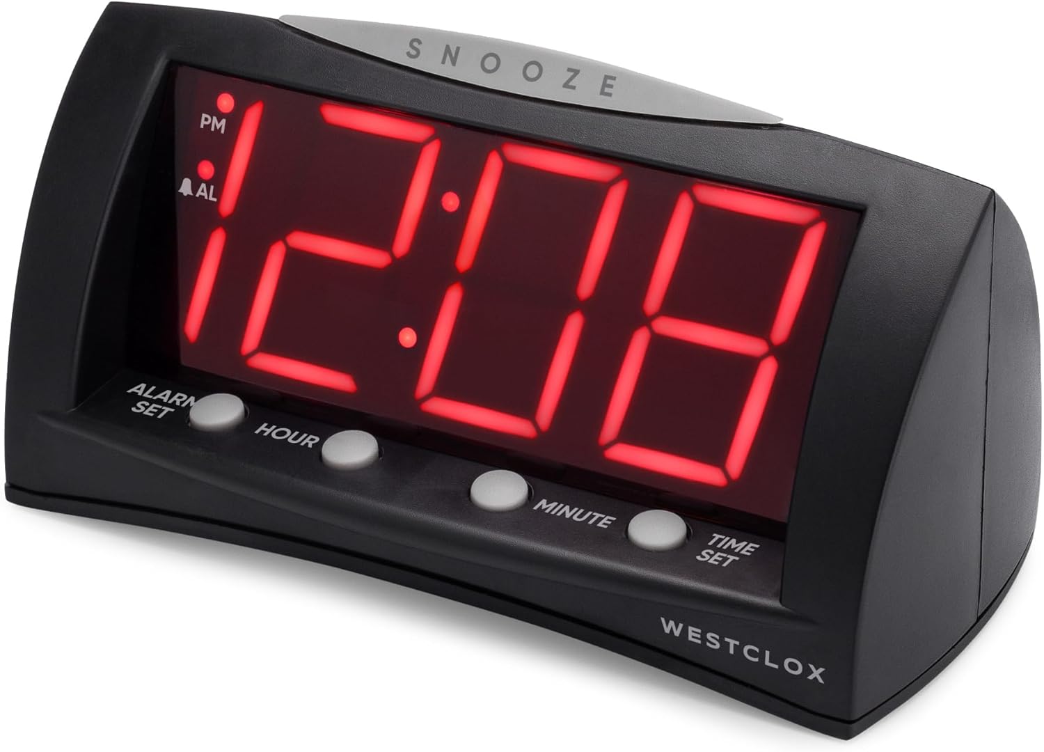 Westclox 66705 Digital Alarm Clock, front view with large red LED display showing 12:08.