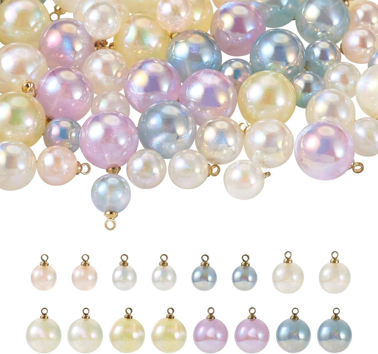 Elecrelive 64Pcs Round Bead Charms Colorful Faux Pearl Beads Pendants AB Color Plated Imitation Pearl Charms for DIY Earrings Necklace Bracelet Jewelry Making