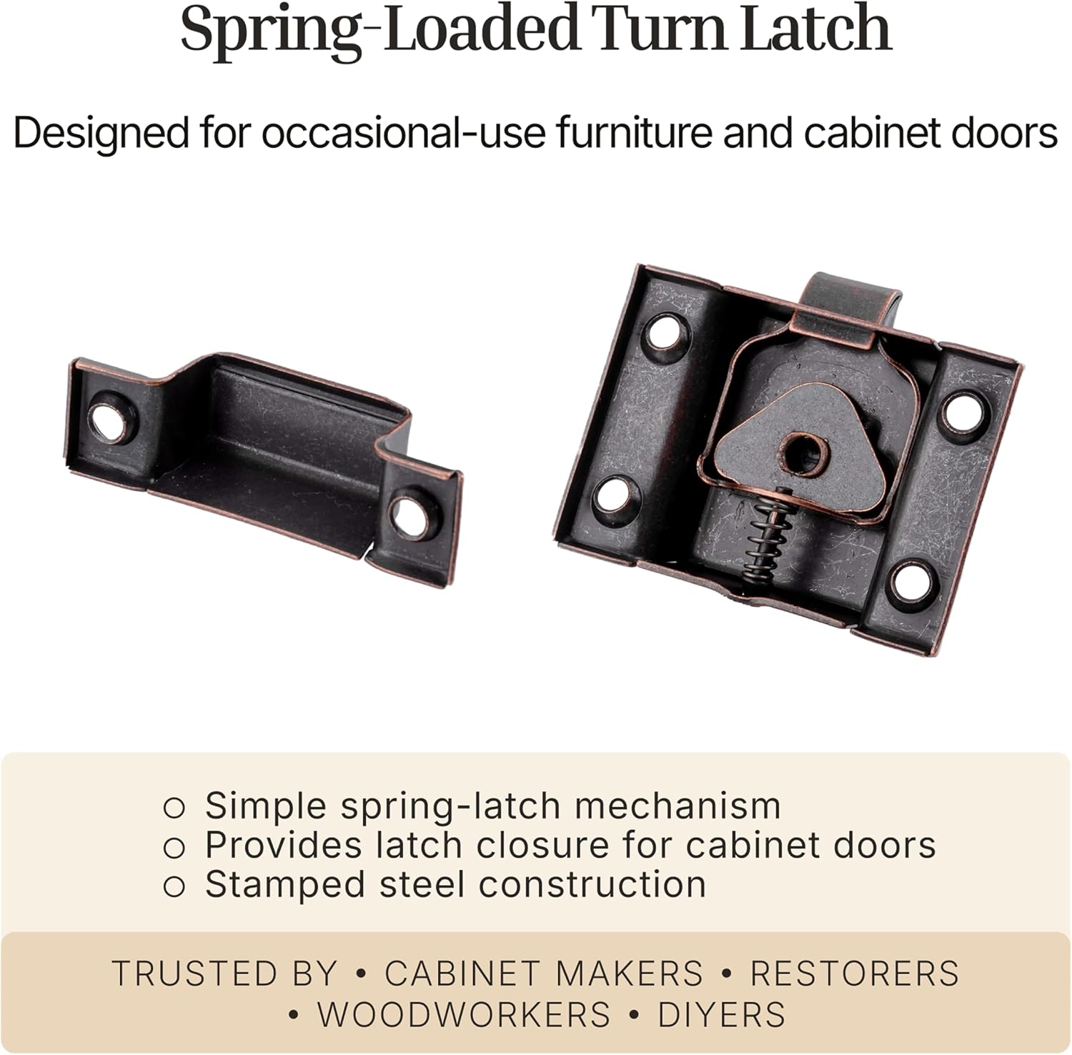 Large Stamped Antique Copper Cabinet Door Latch - 2 1/8" × 2 1/8" - Spring Loaded Cupboard Door Latch with Oval Turn - Vintage Cabinet Hardware | UA-140-LAC (1)