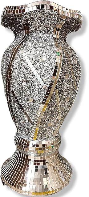 Silver & White Vase Statue Sparkle Ornament Bling Crushed Diamond Gift | CRYSTALLIZED Crushed mirrored flower pot with floral design- ACG213 Gift Present for all occasion