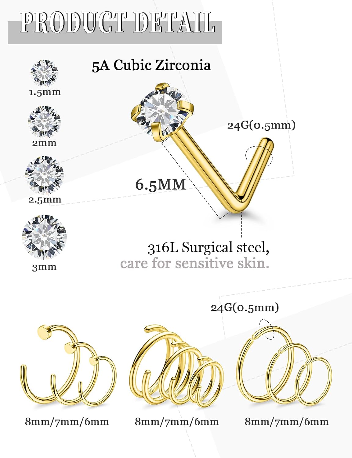 24G 22G 20G Small Thin Nose Rings Hoops Piercing Jewelry for Women 316L Stainless Surgical Steel Round Diamond CZ Nose Rings Studs Nostril Piercing Jewelry for Women Men Silver Black Gold