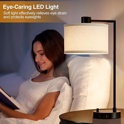 Miniatura 4 de Luvkczc Lámpara de mesa para dormitorio, juego de 2 con puertos USB C+A, lámpara de noche regulable totalmente continua con pantalla de lino,