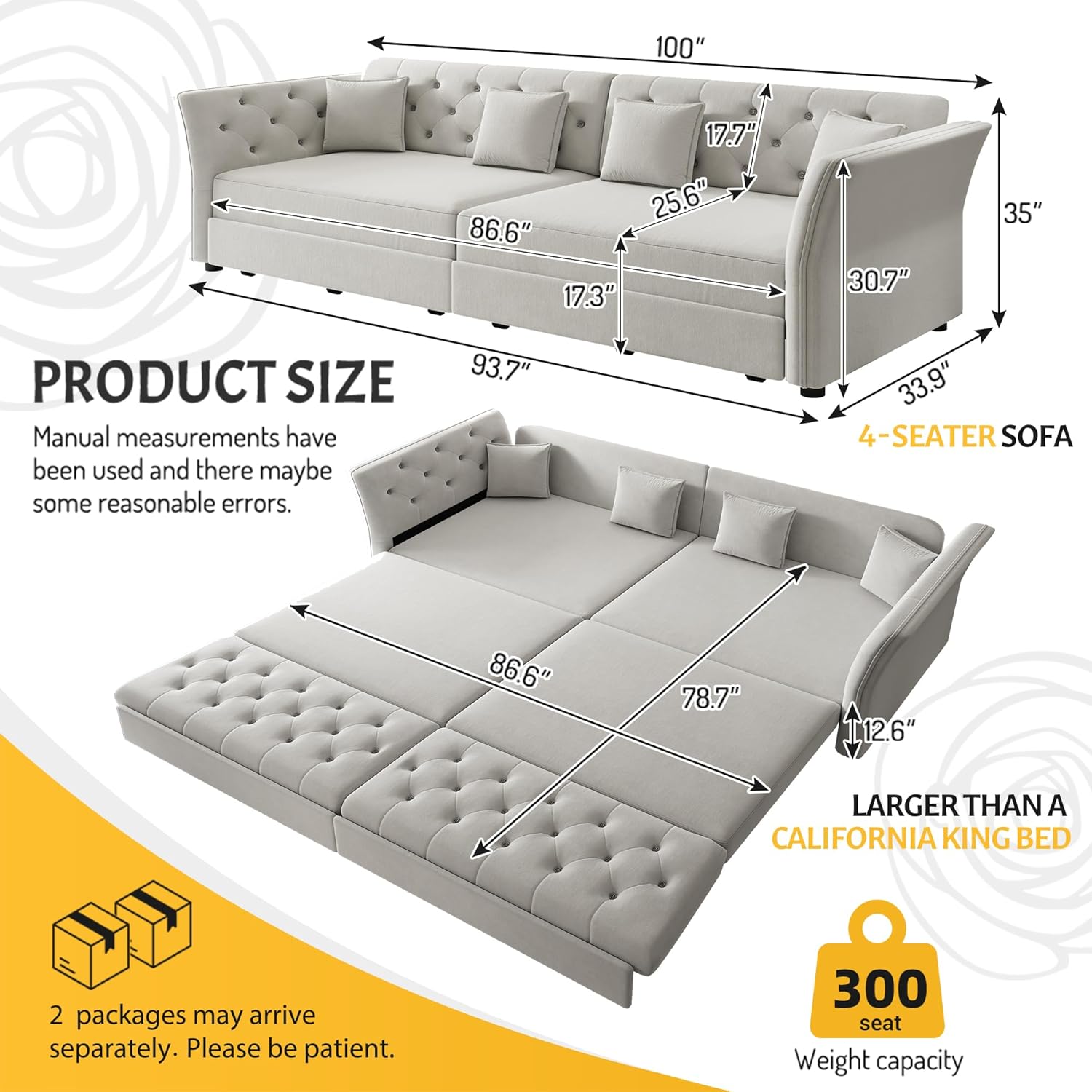 100'' Pull Out Couch King Size, Velvet Sleeper Sofa with Flower-Tuffed Back, Chesterfield Convertible Futon Sofa Bed, 4 Pillows, 4-Seater Deep Couches for Living Room, Small Spaces, Grey