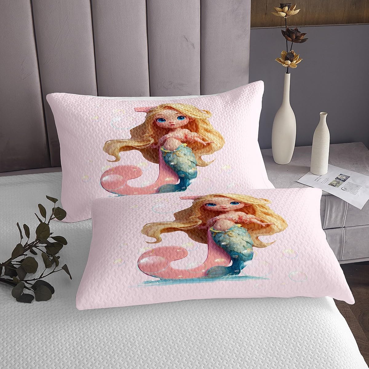 Erosebridal Cute Mermaid Quilt Set Queen Personalized Initial J Coverlet Set,Pink Monogrammed Bedspreads Fairy Dreamy Princess Bedding Sets Bedroom Decor