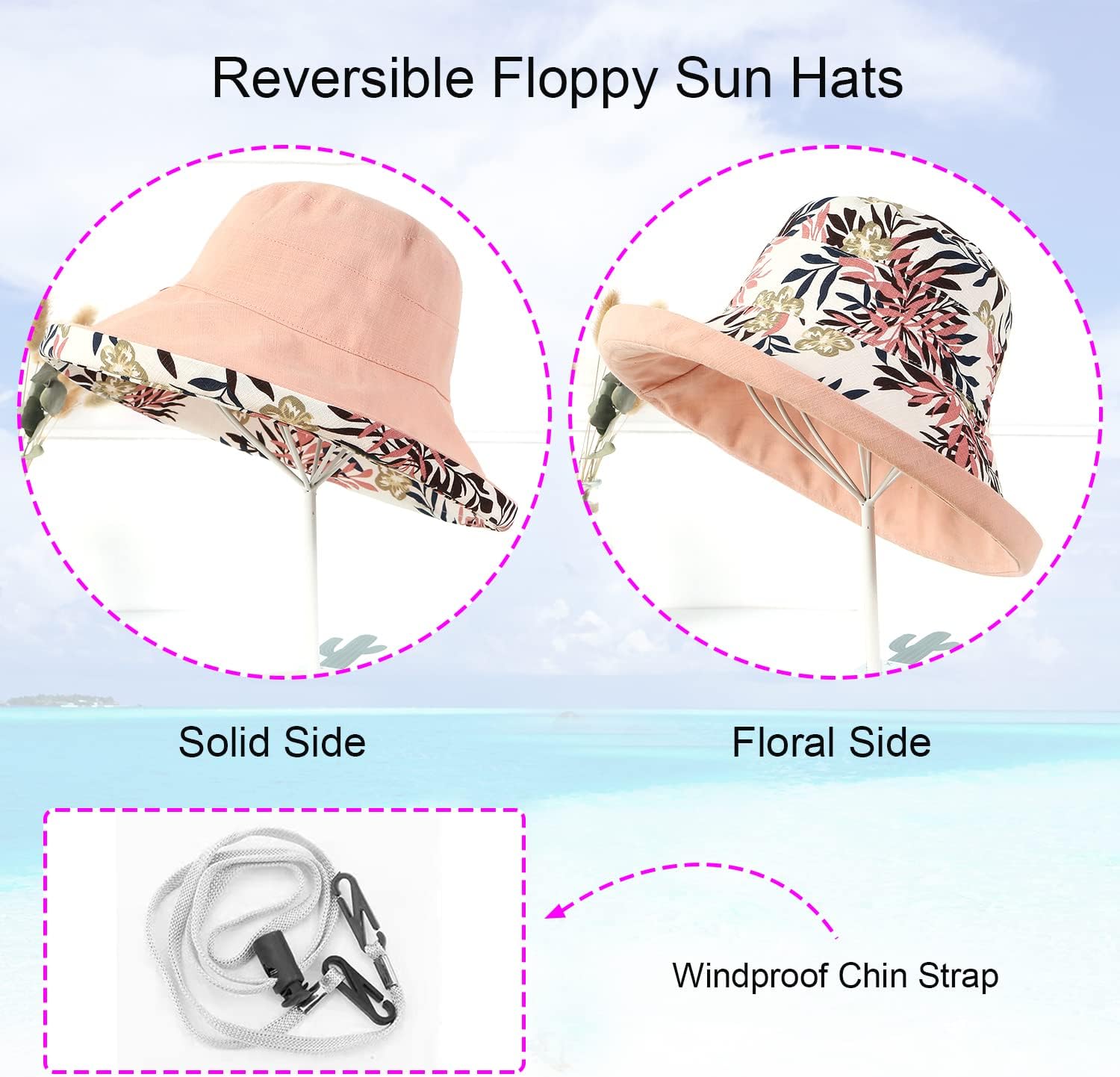 Women Wide Brim Sun Hats Metal Wired Edge Summer UV Protection Beach Fishing Hat for Hiking Garden Travel Chin Strap image 2