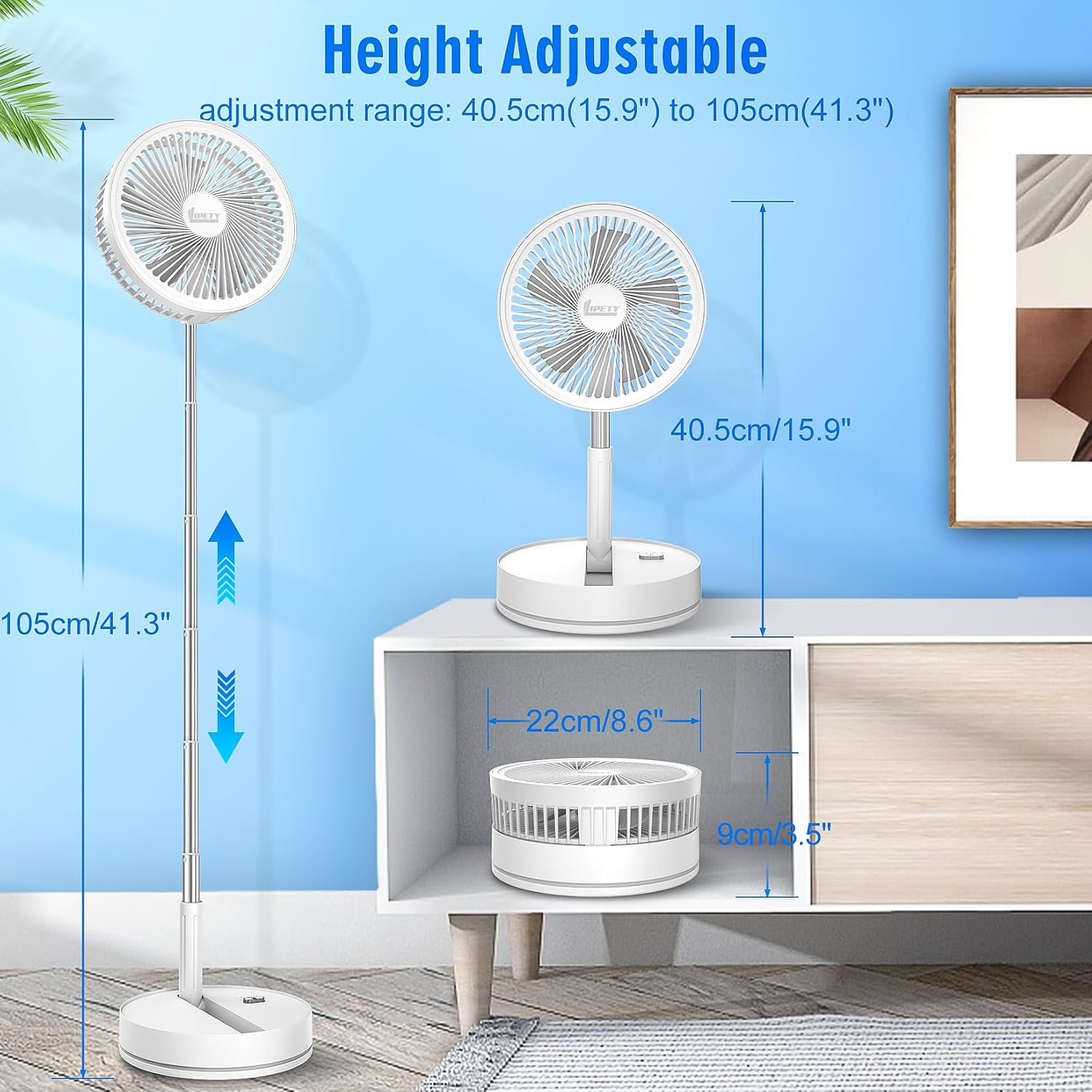 Portable Foldable Rechargeable Oscillating Fan - 8.6" 8000mah Battery Operated USB C Small Fan Remote, Quiet Table Desk Fan Folding Standing Pedestal Fans for Bedroom Rome Office Camping Travel