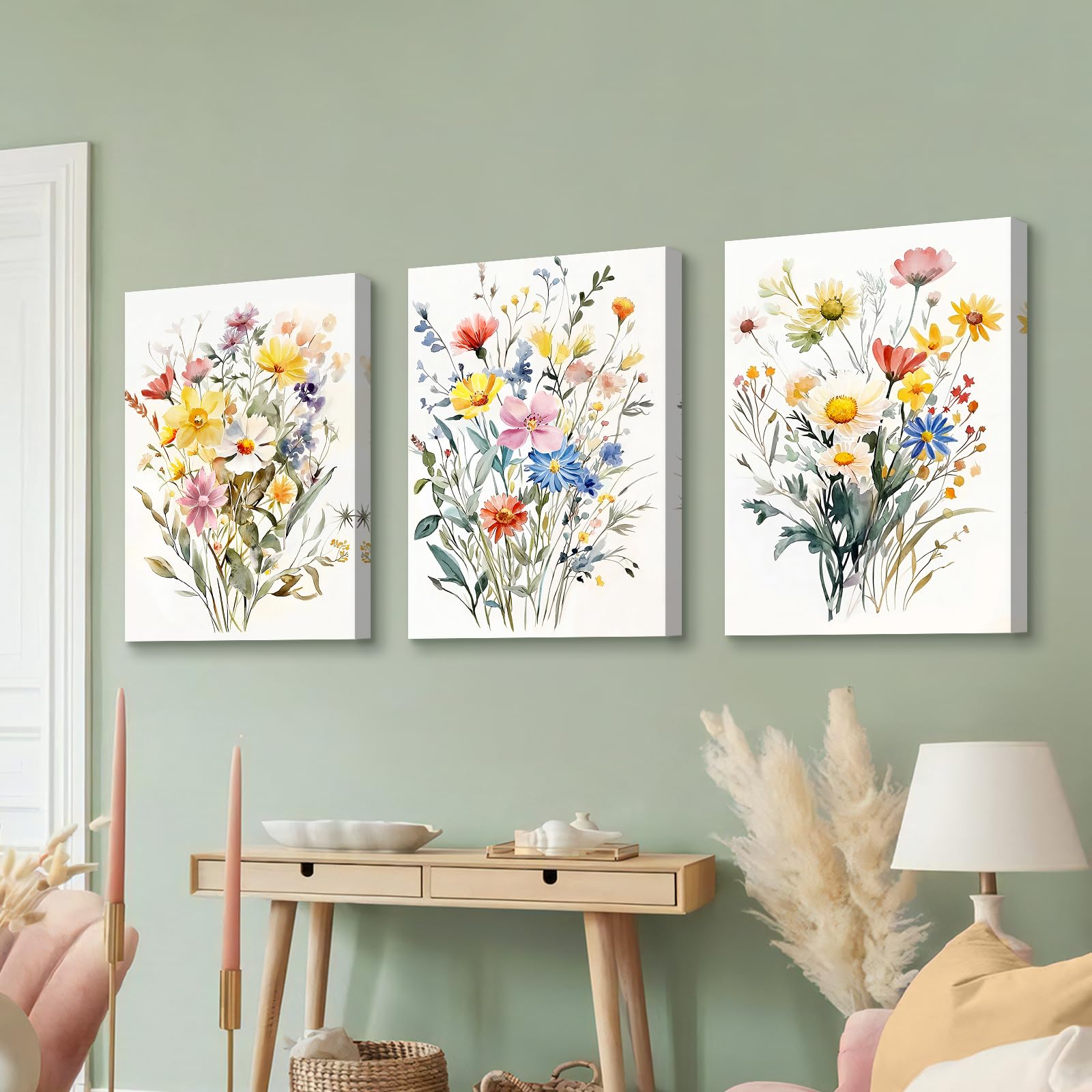 3 Pcs Wooden Framed Canvas Wall Art Set Bohemian Sage Green Canvas Prints Poster Geometric Line Beige Green Pictures for Living Room Bedroom Dinning Room Hallway Stairs Wall Decor 30x40cm x3pcs — view 532