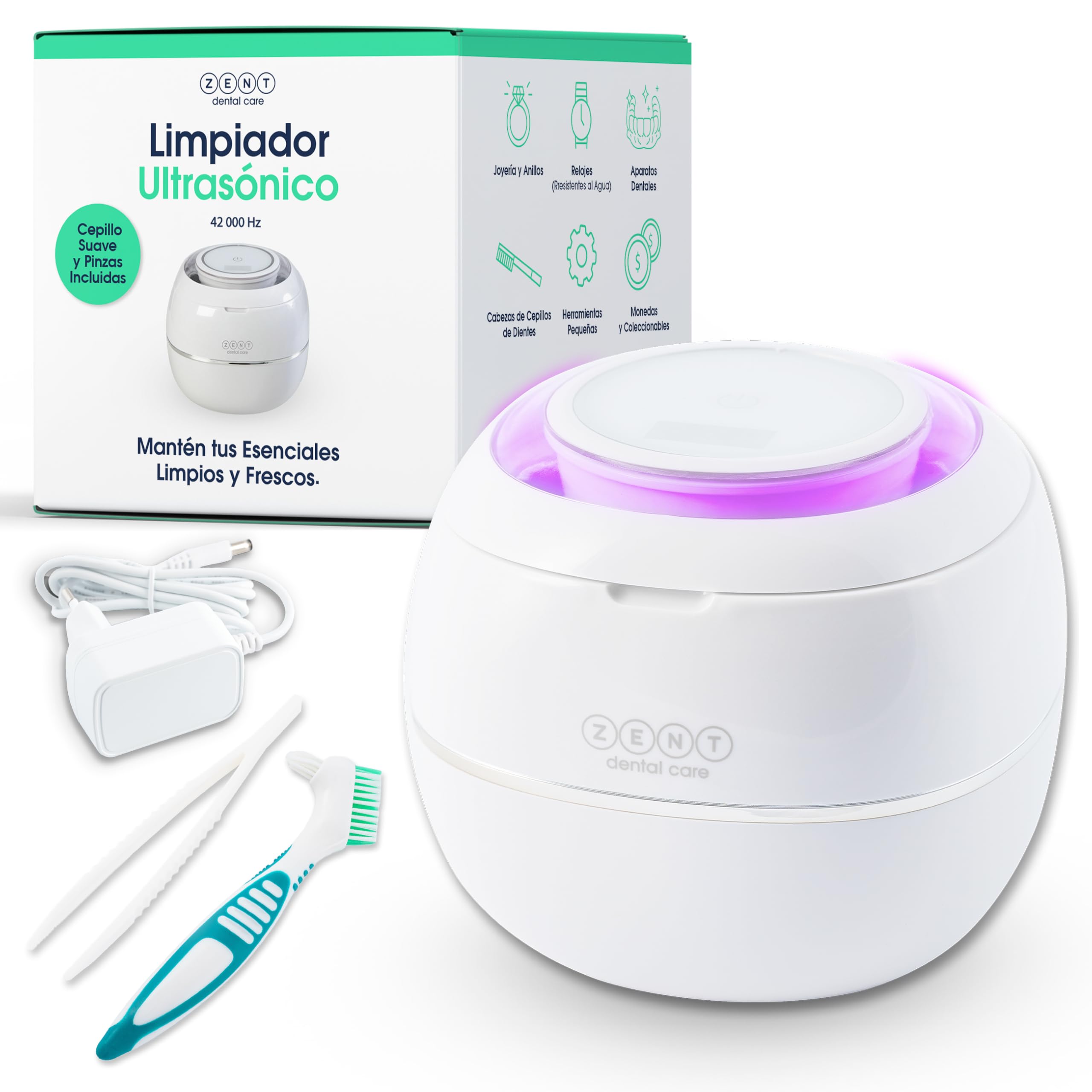 ZENT Ultrasonic Cleaner 42 kHz Limpiador ultrasonidos dental compacto, Desinfección con lámpara UV, para Prótesis dentales Joyas Alineadores ortodónticos plata, Limpieza rápida - solo 5 minutos, 0.2l