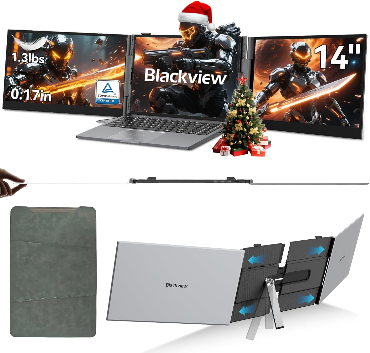 Triple Laptop Screen Extender,14" 1080P FHD IPS Portable External Screen,Two Cable USB C Travel for 13-17'' Laptop,Plug & Play Compatible with Windows/Mac/Chrome OS and Mobile Devices