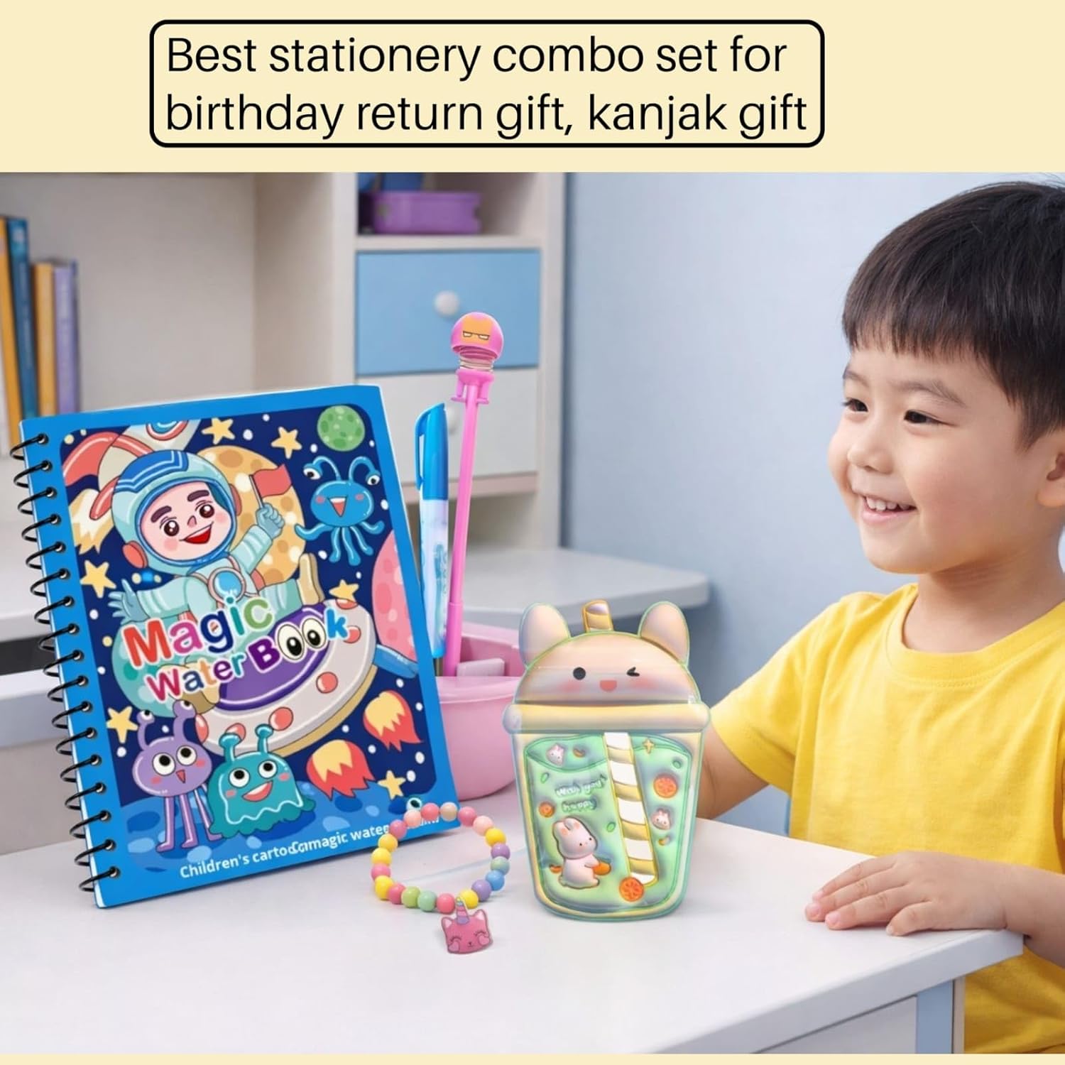 TERA 13 Kanjak gift combo for girls- Cute stationary set with pen, Strawzip pouch, Magic coloring book, bracelet Kanya pujan return gift pack (4 item combo)