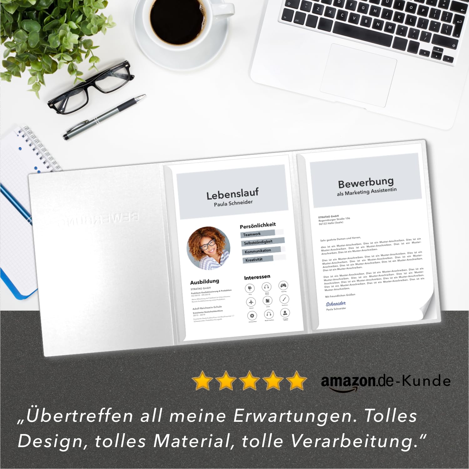20 Stück 3-teilige Bewerbungsmappen Kristall-Weiß Metallic - inkl. 20 Versandumschläge in Weiß - Premium-Qualität mit hochwertiger Prägung BEWERBUNG - direkt vom Hersteller STRATAG