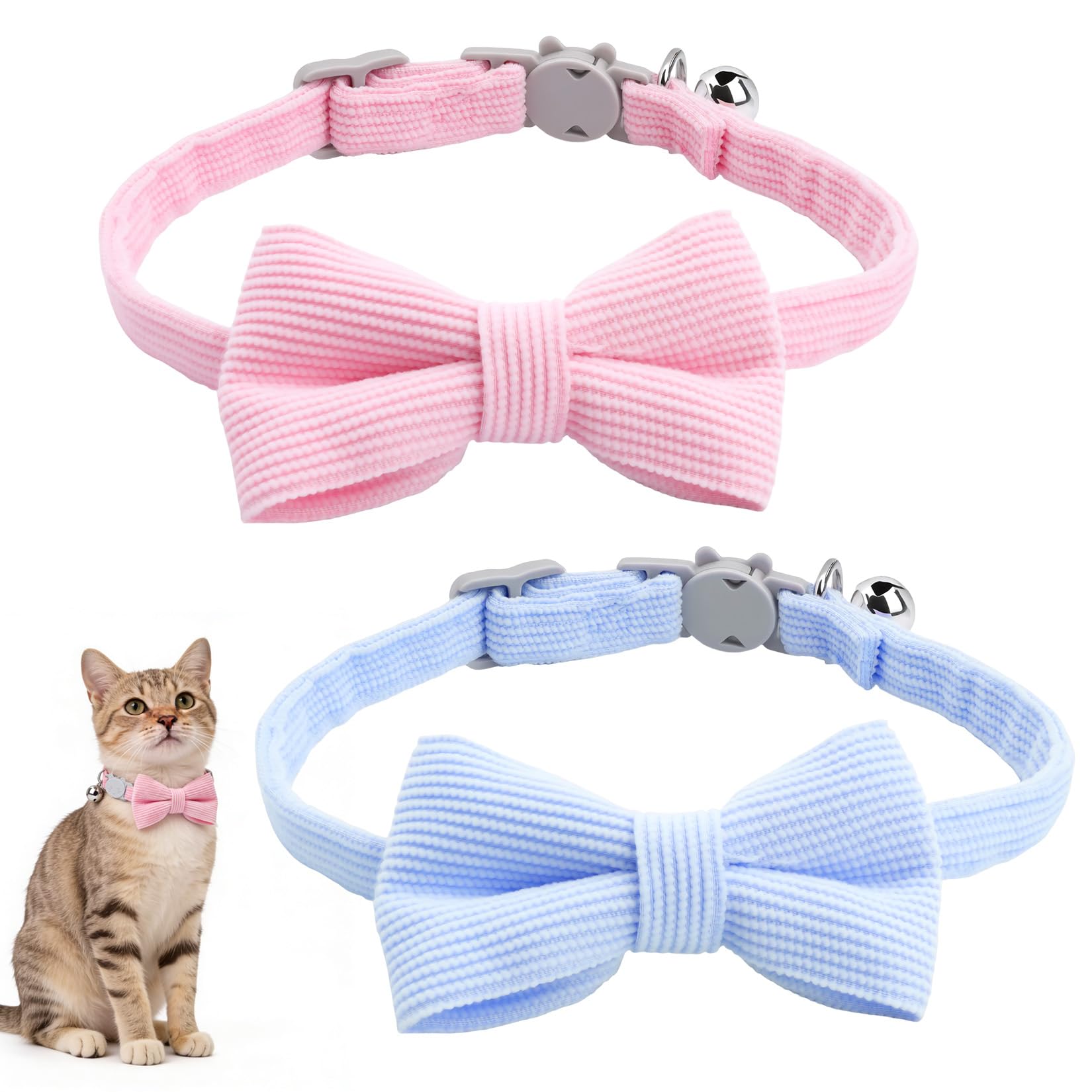 2 Pcs Collar para Gato, Collares para Gatos de Liberación Rápida, Collar Gatos de Seguridad con Cascabel, Collares Ajustables de Pana con Lazo y Cascabel (Rosa, Azul)