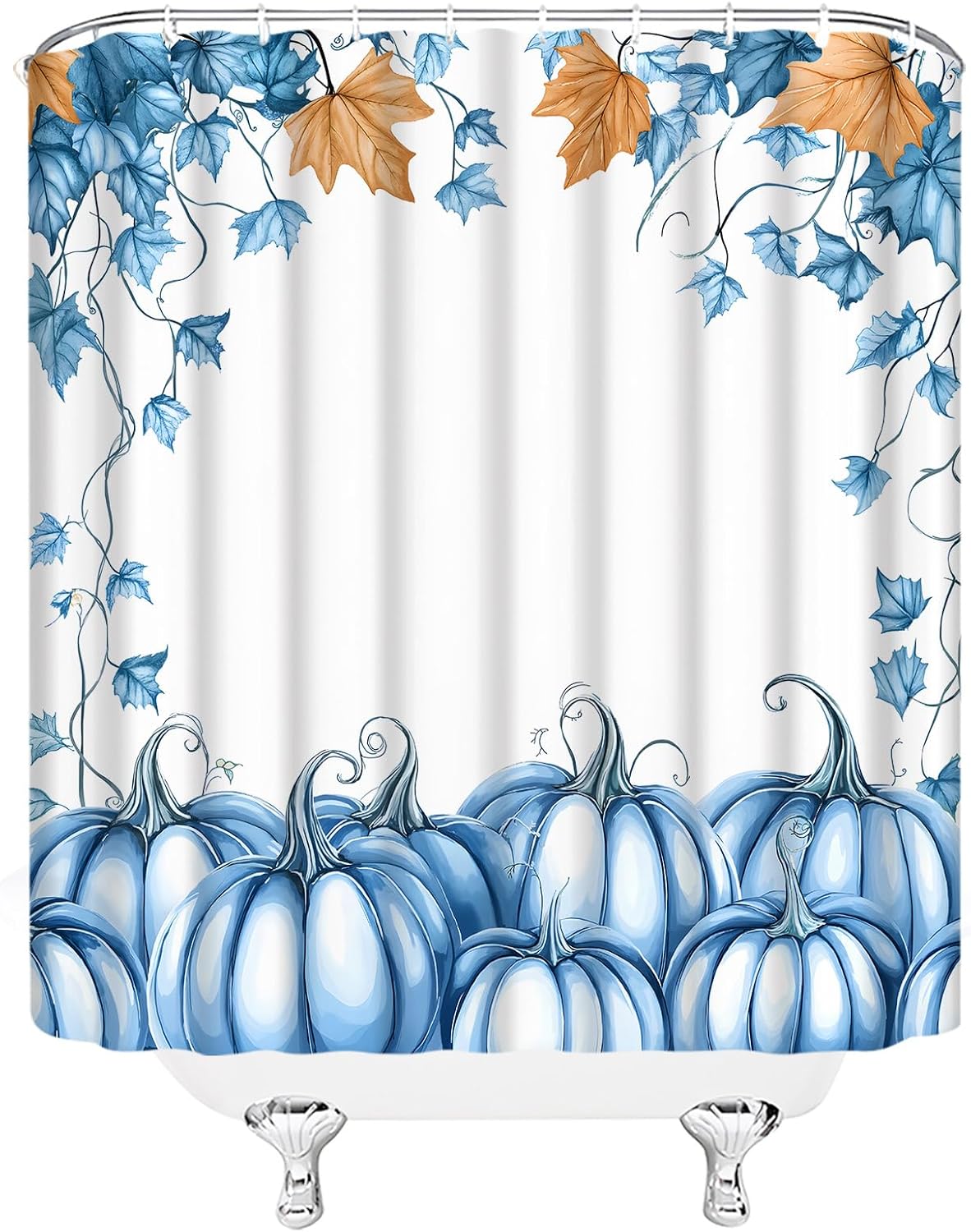 Fall Pumpkins Shower Curtain Watercolor Blue Pumpkins Maple Leaves Thanksgiving Harvest Fabric Bathroom Decor Sets with Hooks,71W x96H