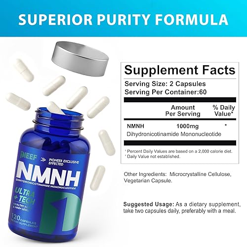 Miniatura 2 de Suplemento NMNH de 1000 mg, 120 cápsulas para aumentar las palancas NAD+ para energía celular y fórmula antienvejecimiento, vegana y sin OMG