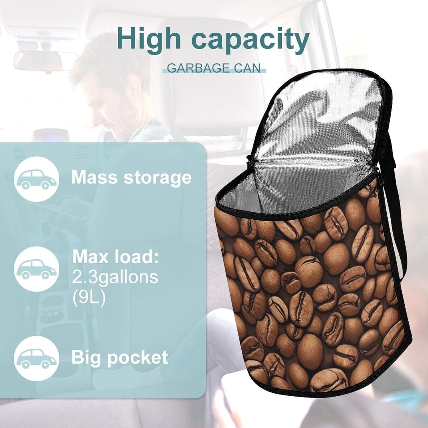 Hanging Car Trash Bag Funny Roasted Coffee Beans Printed Car Garbage Storage Bag Leakproof Car Trash Can Portable Garbage Storage Bags