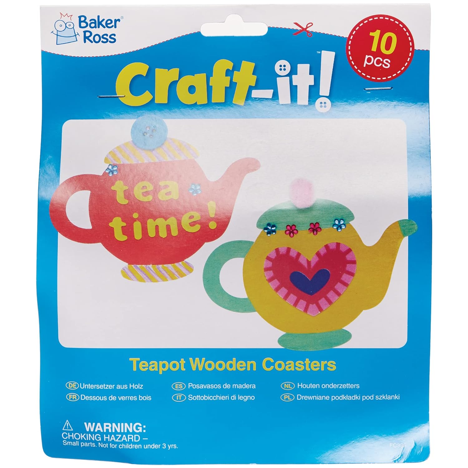 Baker Ross Teapot Wooden Coasters - Pack of 10, Wood Crafts for Children (FC386)