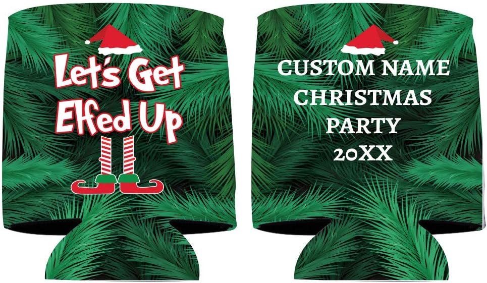 Custom Christmas Can Cooler – Let's Get Elfed Up Personalized Holiday Coolies, Santa Design, Set of 100 – Fits 12-16 oz Cans & Bottles