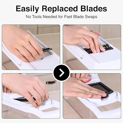 Miniatura 5 de ISHKITCH Picadora manual de verduras y mandolina Cortador de alimentos de varias cuchillas, cortador con cuchillas de acero inoxidable afiladas,