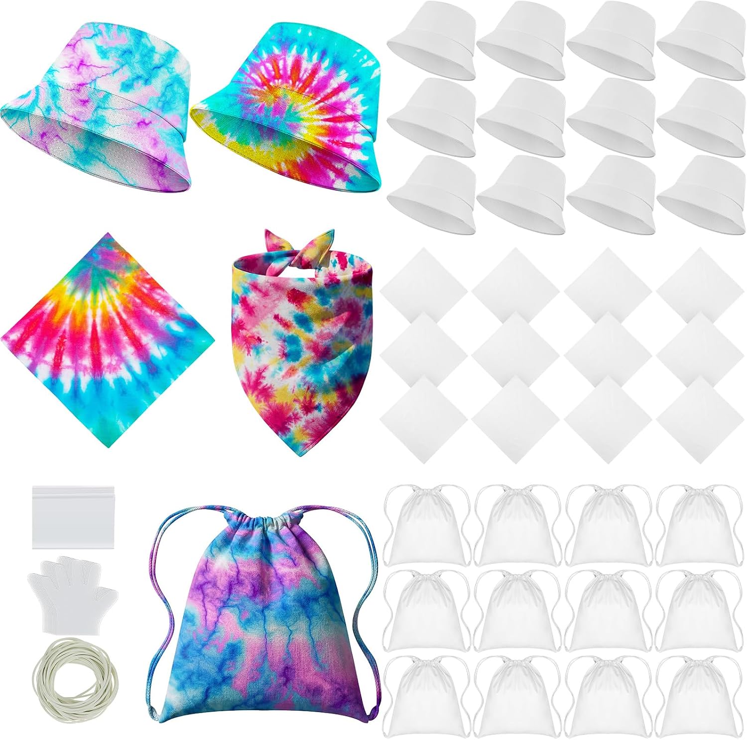 Silkfly 36 Pack White Cotton Tie Dye Blank Set Include 12 Pcs Bucket Hat,Drawstring Bag and Bandanas,DIY Craft Supplies for Tie Dye Party, Back to School, Large Groups