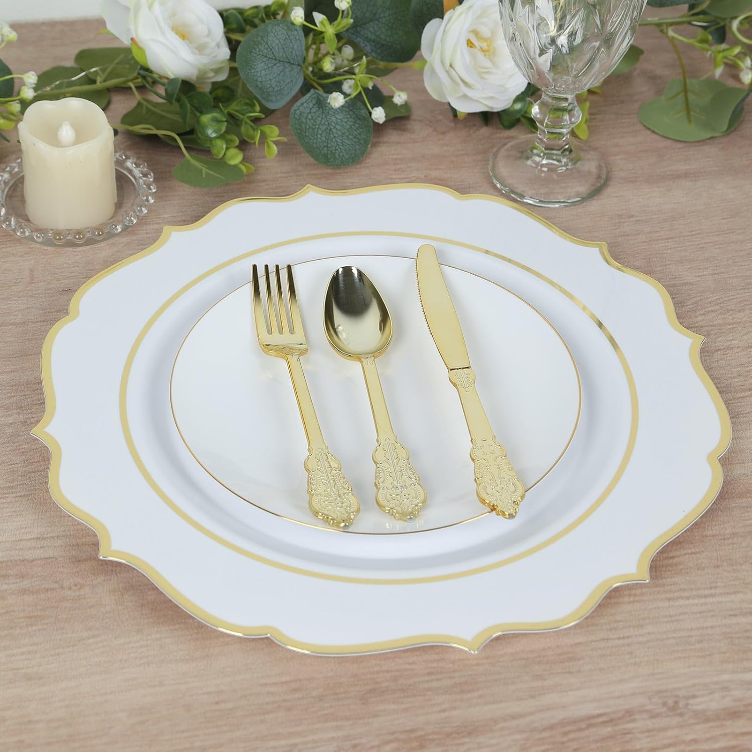 Efavormart 10-Pack 13" White Economy Plastic Charger Plates with Gold Scalloped Rim, Round Dinner Serving Trays for Formal Weddings and Traditional Banquets