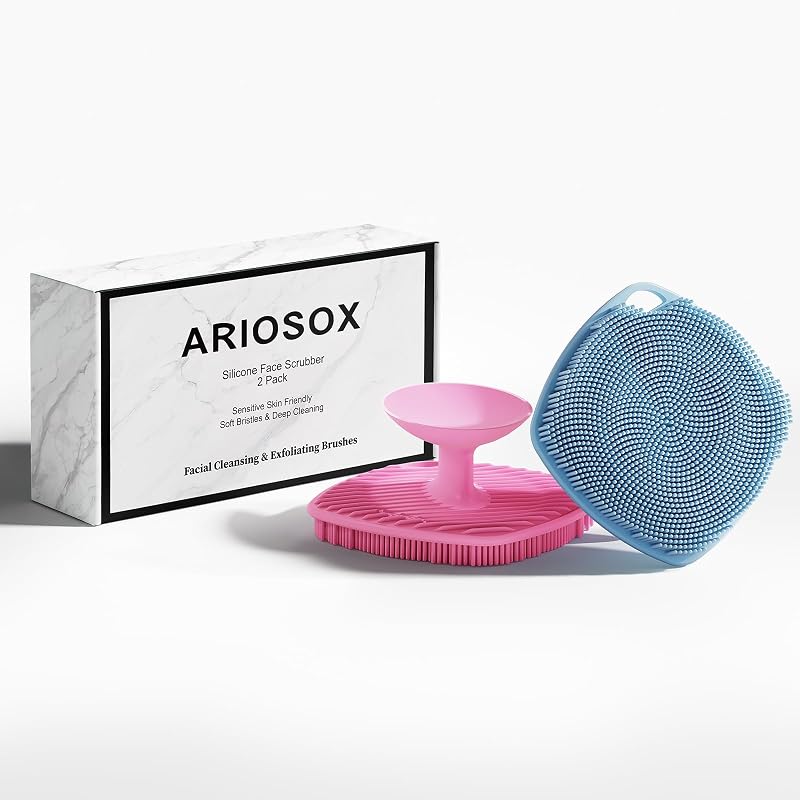 Escovas manuais para limpeza facial em silicone ARIOSOX, pacote com 2, rosa e azul
