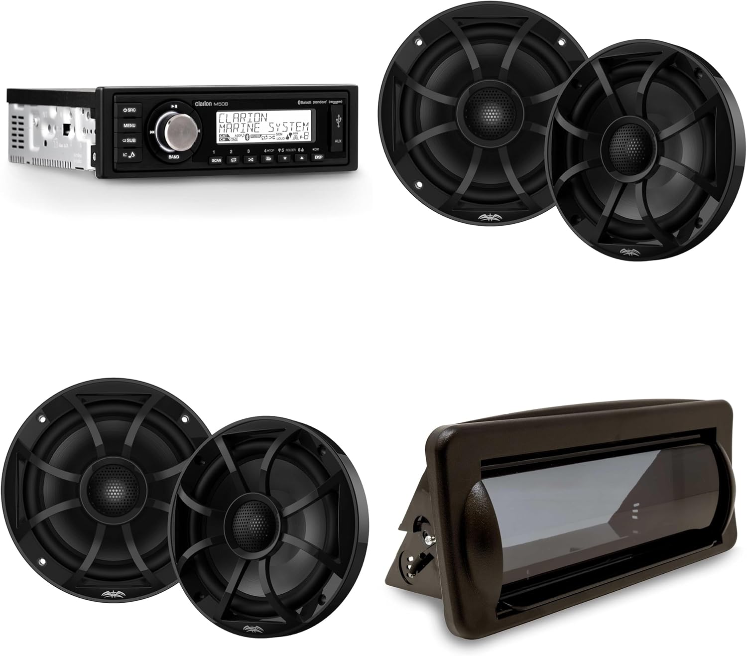 Clarion Marine Boat Audio Upgrade M508 Source Unit, Marine Cover, (2 Pair) Recon 6-BG Recon Series 6.5" Coaxial Speakers with Black XS Grilles and Cones Bundle