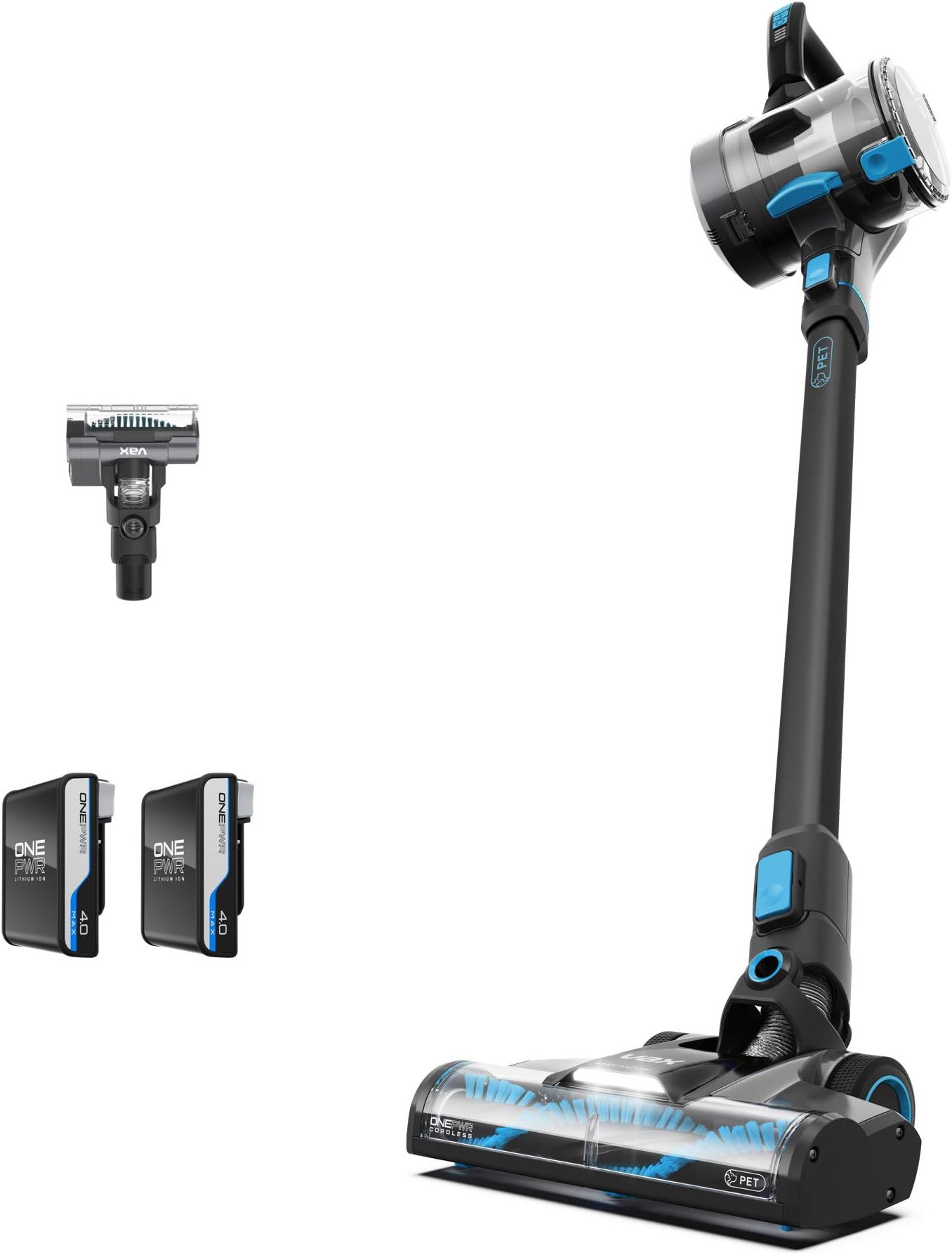ONEPWR Blade 4 Pet Dual Battery Cordless Vacuum Cleaner with Motorised Pet Tool – CLSV-B4DP, Graphite/Cyan Blue