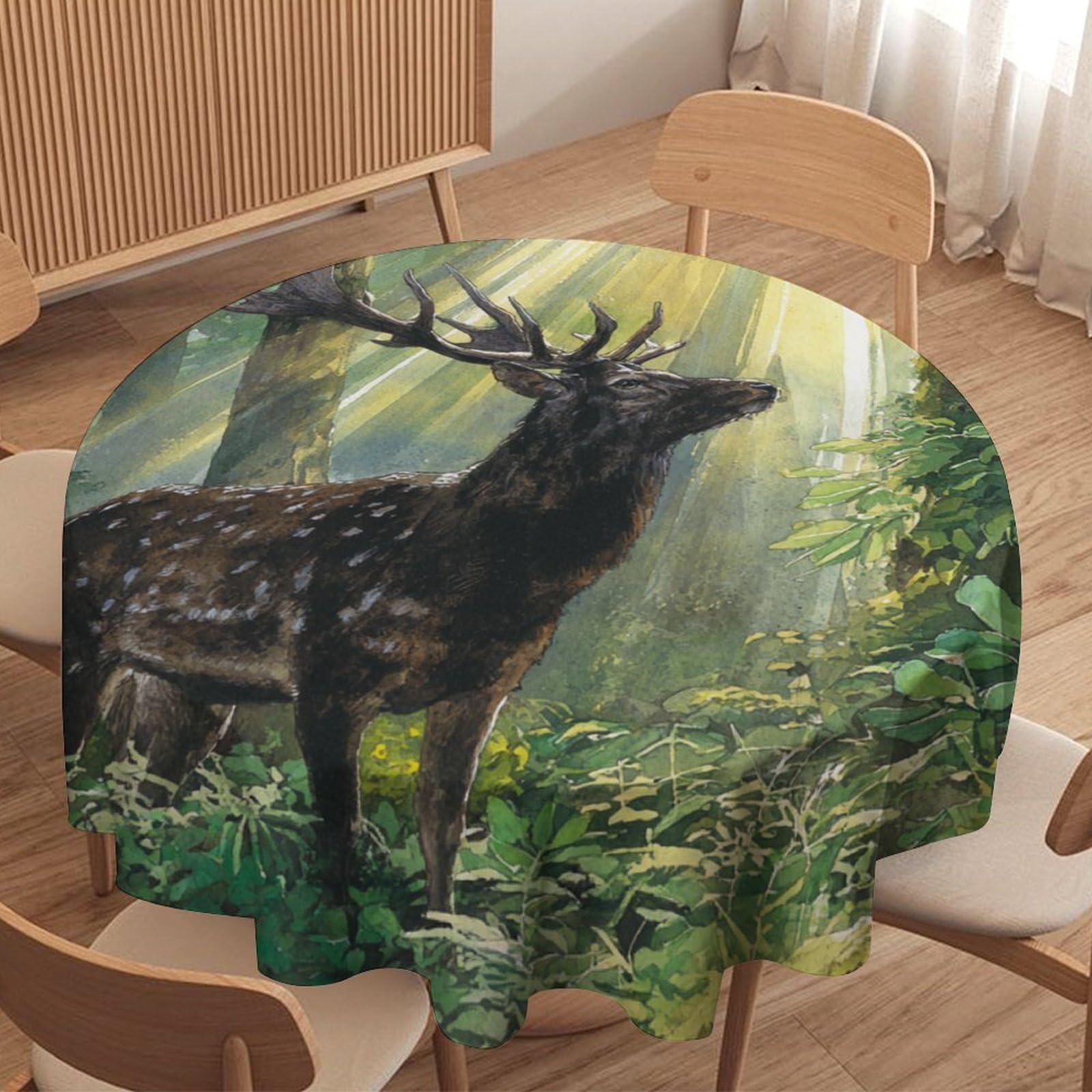 LUYYSKY Beautiful Realistic Animal Deer Waterproof Round Tablecloth Classic Abstract Natural Botanical Forest Wildlife Elk Pattern Washable Table Cover for Kitchen-127 Wx127 L cm