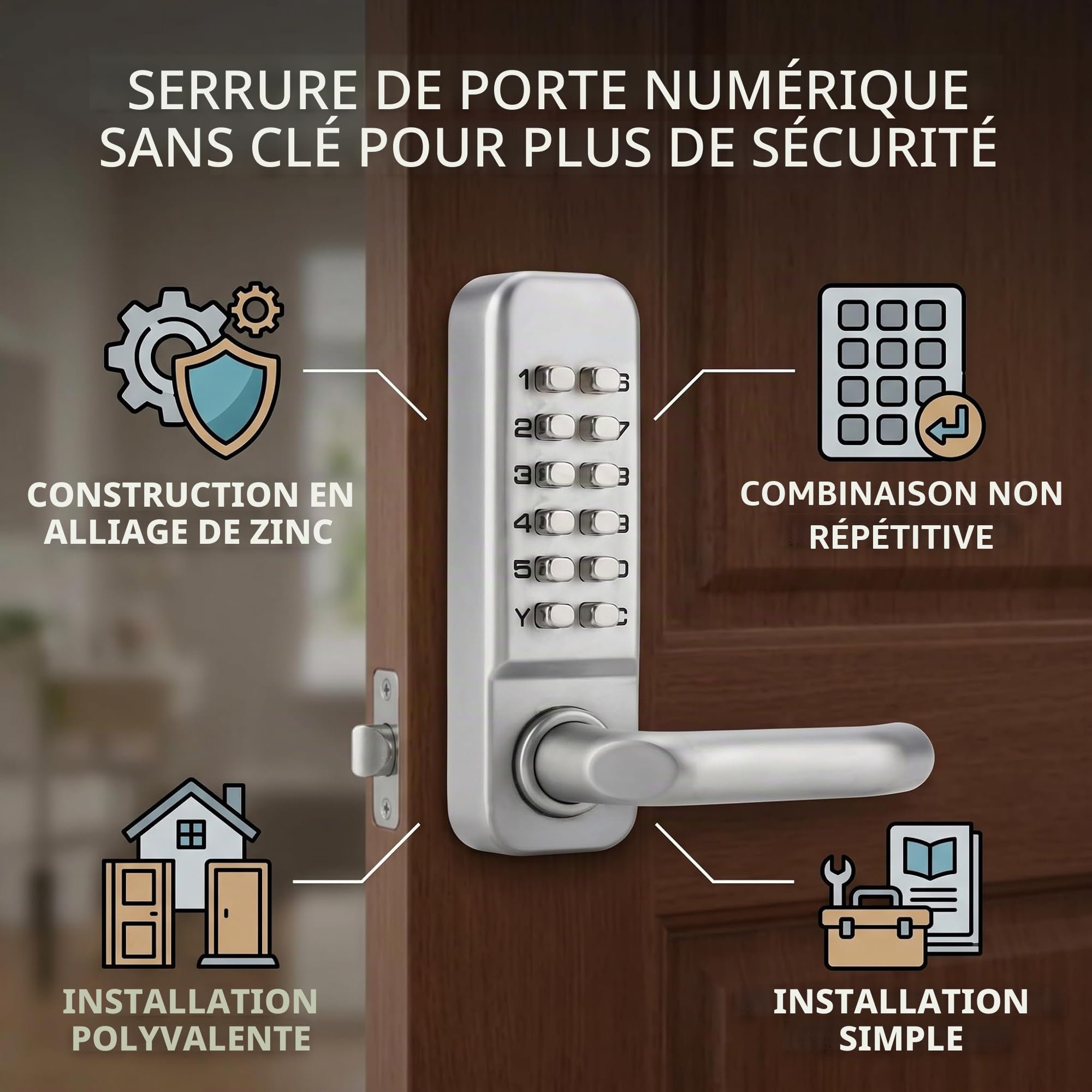 Wakects Serrure a code, Serrure de porte étanche sans clé, digicode porte, Alliage de zinc poignée à code Serrure mécanique 1-11 chiffres pour porte de 30-60 mm d'épaisseur, poignée de porte