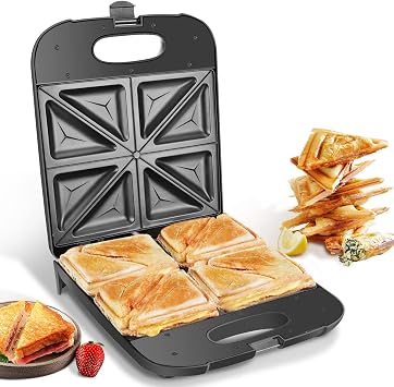 Aigostar 4 Slice Toastie Maker - 1400W Fast Heat Up, Deep Fill Sandwich Toaster with Auto Temp Control, Non-Stick Grill Plates for Toasted Cheese Snacks, Easy to Clean, Black - Dylan 02J51