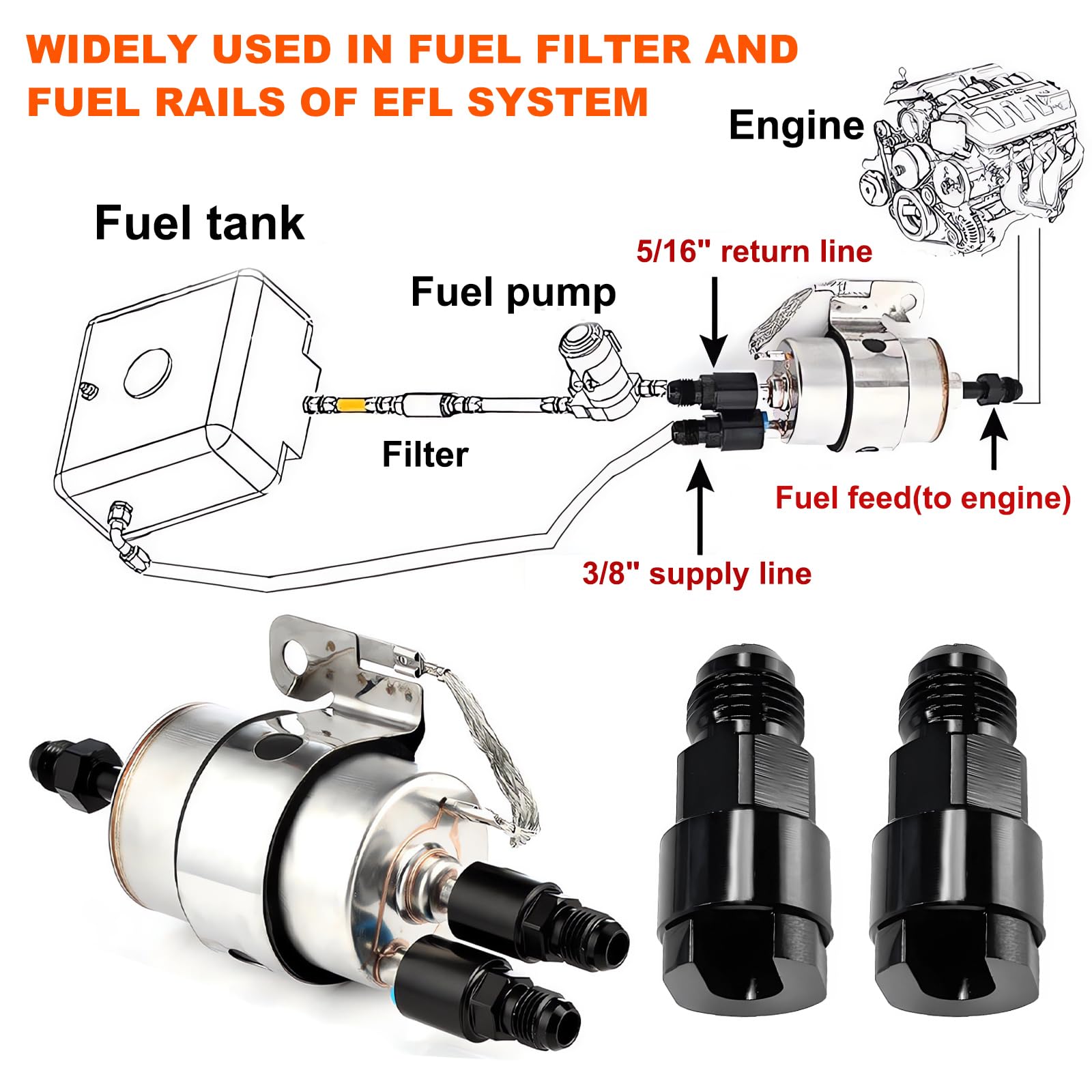 EFI Fuel System Adapter 8AN Male To 3/8" Quick-Disconnect Fuel Line Adapter - Black Anodized Aluminum EFI Fitting Anodized Aluminum Adapter - Foto 3