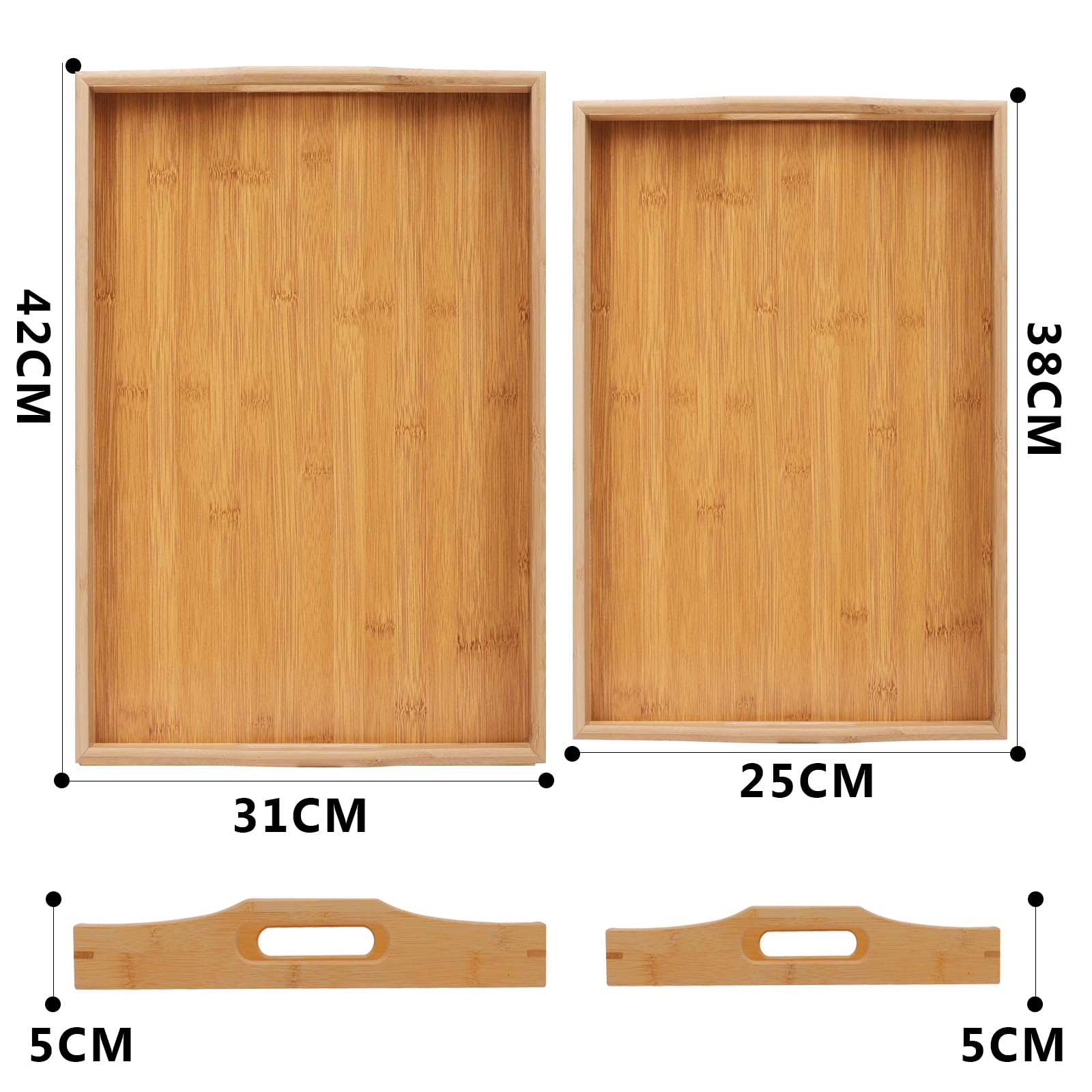 Vassoio Legno Rettangolare, Set di 2 Vassoi da Portata Grandi e Piccoli in Bambù (42 x 32 CM, 38 x 25 CM)